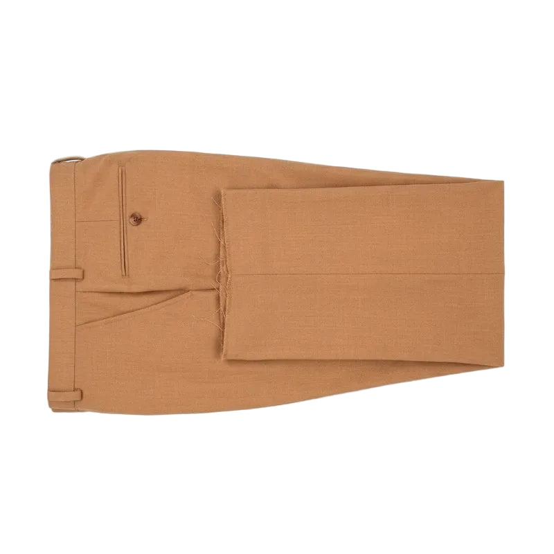 A pair of folded tan trousers with a textured weave, featuring belt loops, a button closure, and front pleats, laid flat on a light gray background.
