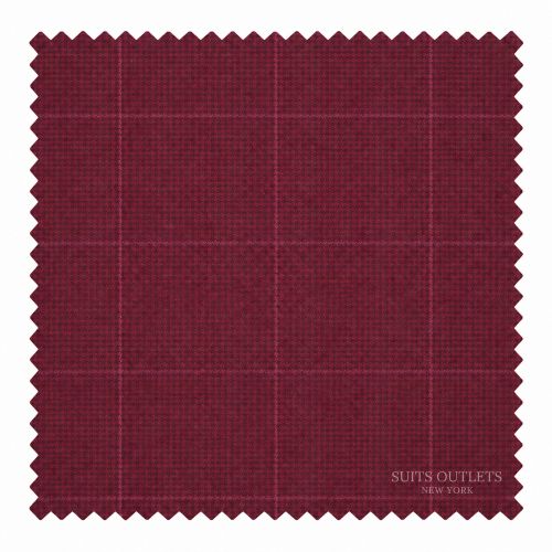 A square fabric swatch with serrated edges in a deep burgundy red color, featuring a subtle windowpane plaid pattern. The brand name 'SUITS OUTLETS NEW YORK' is printed in white near the bottom right corner.