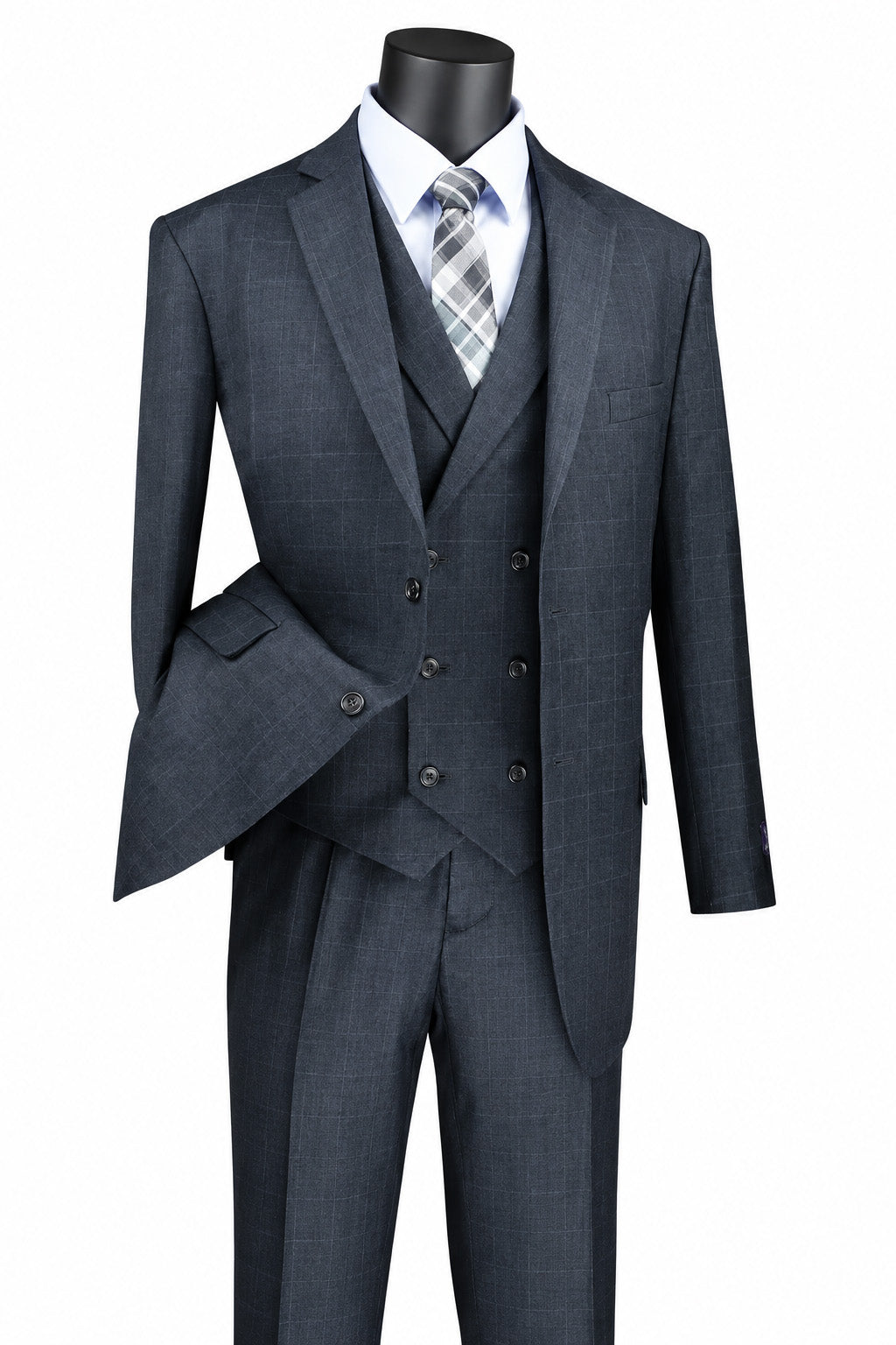 Gray suit with vest and tie on a mannequin against a white background
