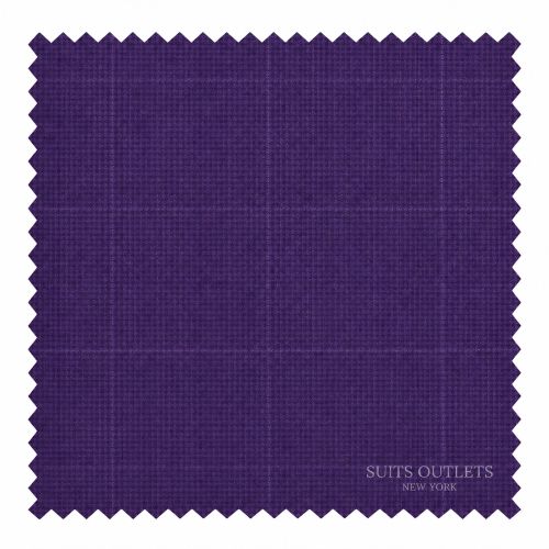 A square fabric swatch in deep purple with a subtle windowpane plaid pattern and serrated edges, with the text 'SUITS OUTLETS NEW YORK' printed near the bottom right.