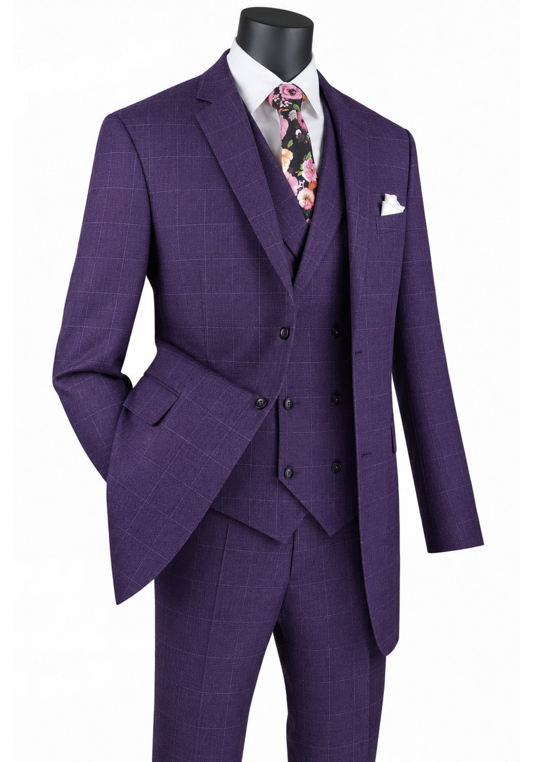 Venetian Collection - Purple Regular Fit Glen Plaid 2 Button 3 Piece Suit