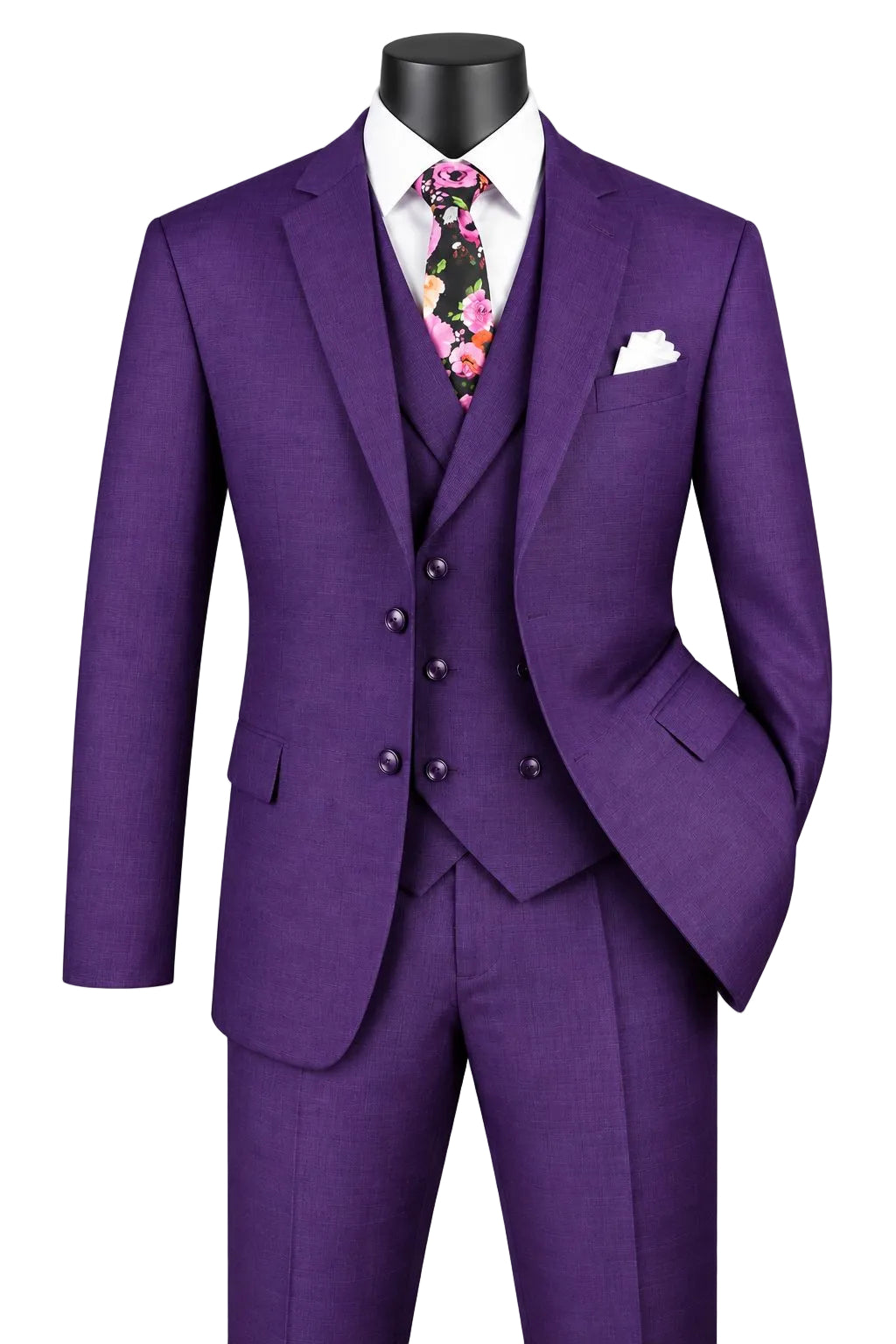 Venetian Collection - Purple Regular Fit Glen Plaid 2 Button 3 Piece Suit
