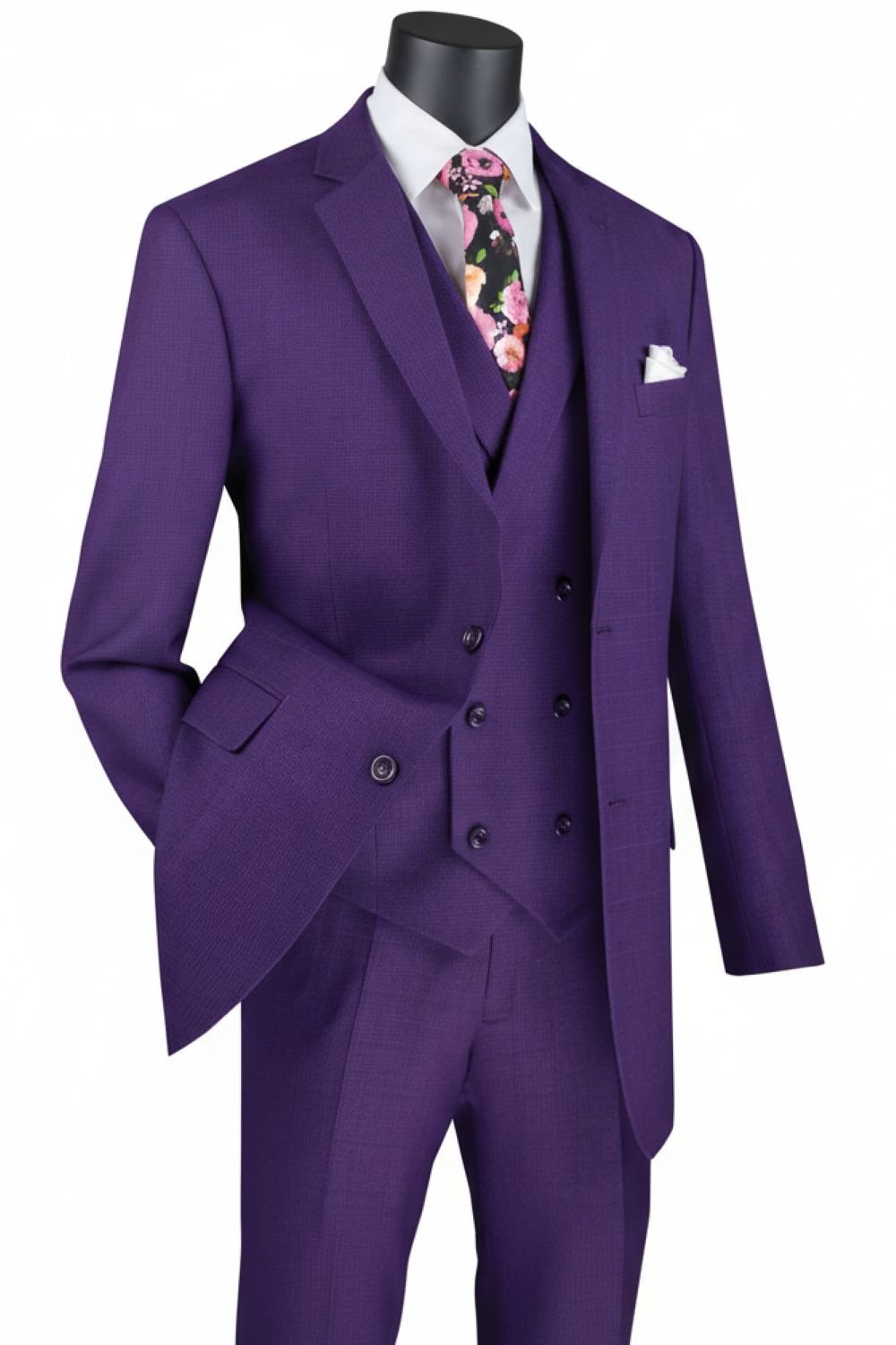 Venetian Collection - Purple Regular Fit Glen Plaid 2 Button 3 Piece Suit