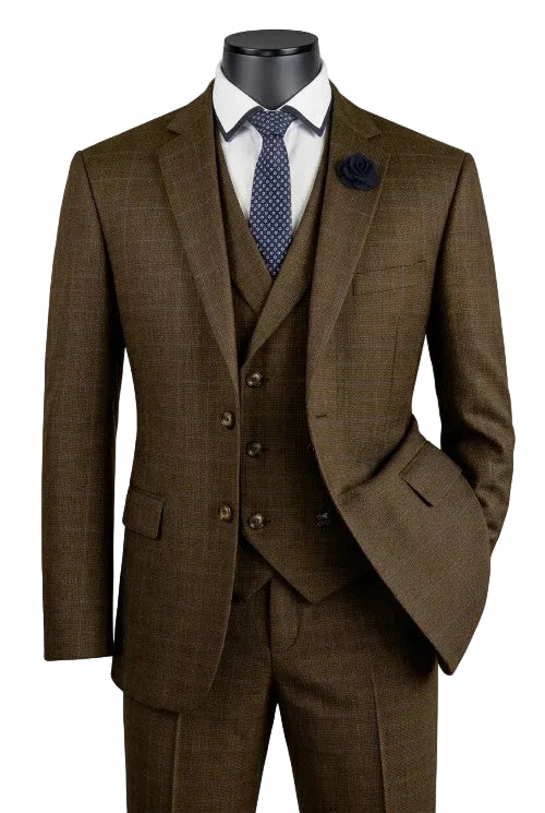 Venetian Collection - Taupe Regular Fit Glen Plaid 2 Button 3 Piece Suit