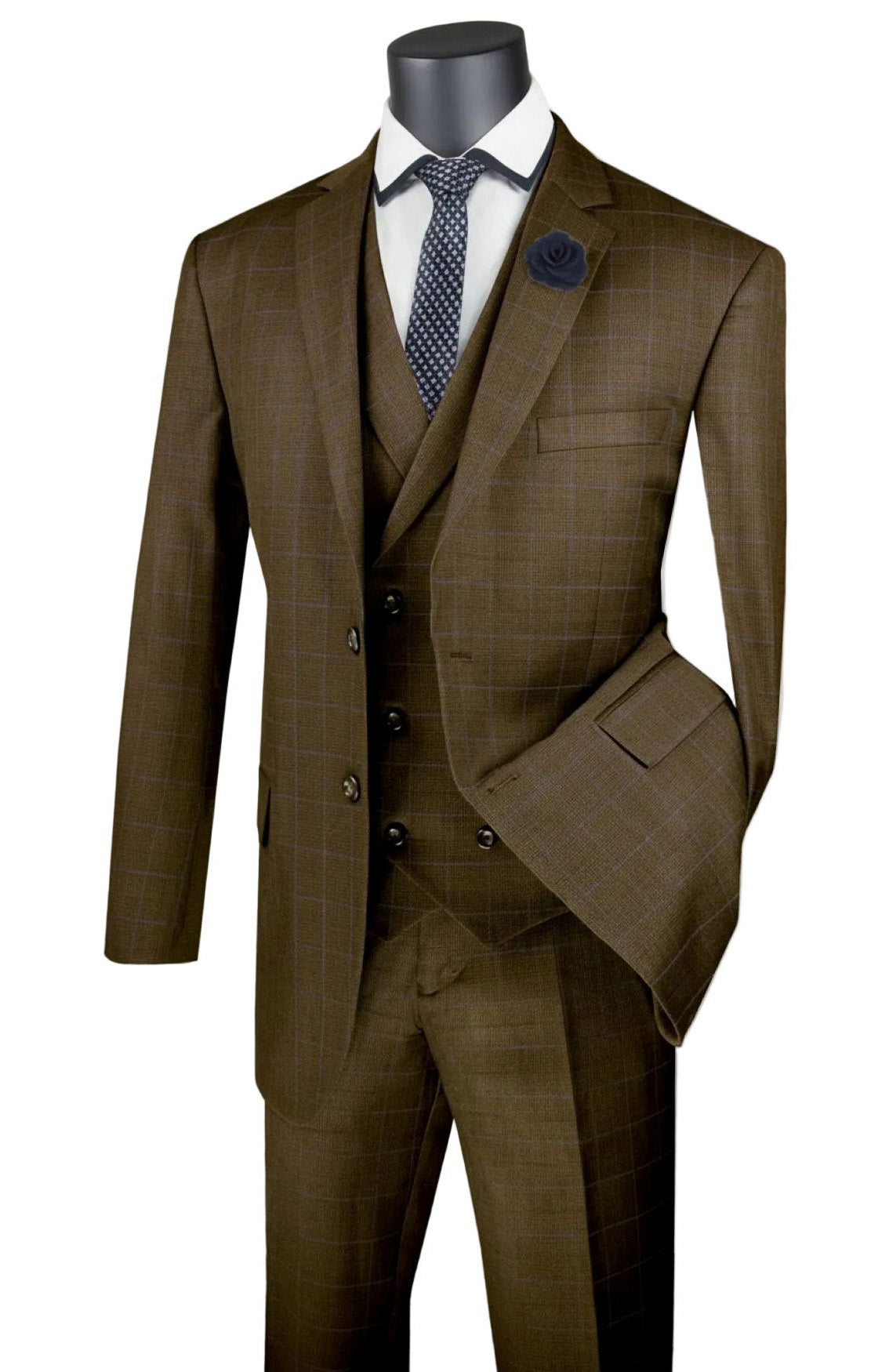 Brown checkered suit on a mannequin with a white shirt and patterned tie.