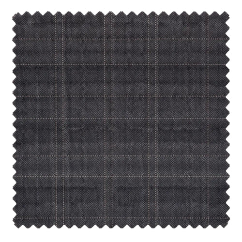 A square fabric swatch with scalloped edges, showing a dark charcoal gray woven material with a subtle light gray windowpane plaid pattern, isolated on a white background.