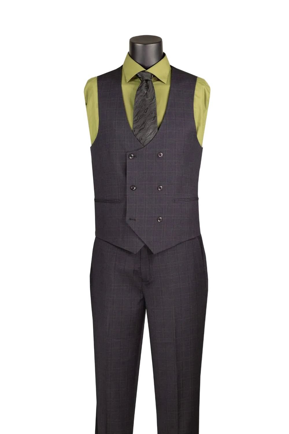 A men's three-piece suit displayed on a mannequin, featuring a black double-breasted plaid vest, matching trousers, a dark gray tie, and a light olive green dress shirt, set against a plain white background.