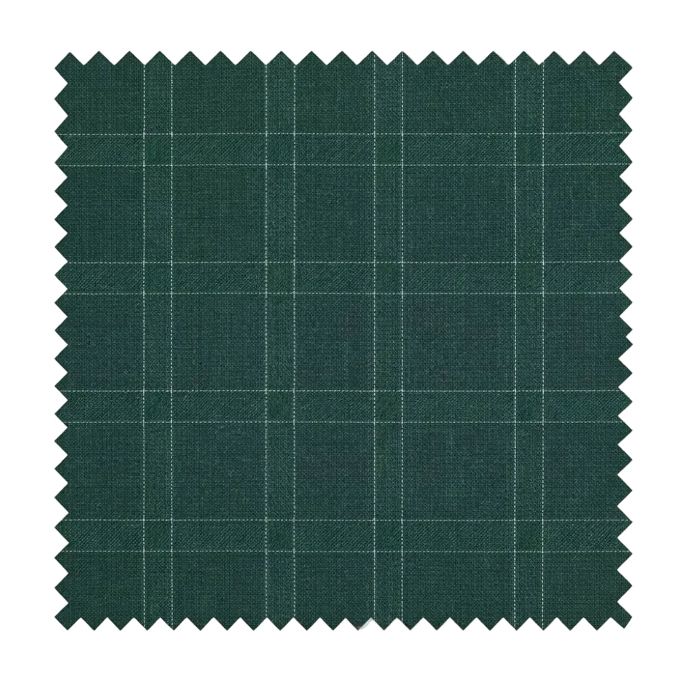 A square fabric swatch with serrated edges in forest green, featuring a subtle windowpane plaid pattern in a lighter green and white.