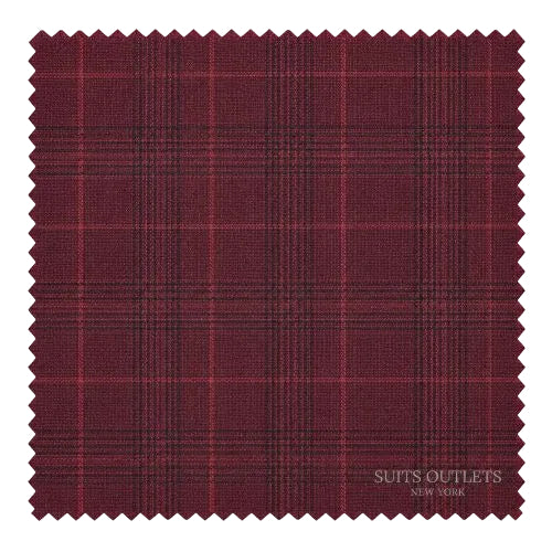 A square fabric swatch with serrated edges showing a dark burgundy plaid pattern with thin black and red intersecting lines. The text 'SUITS OUTLETS NEW YORK' is printed in white in the bottom right corner.