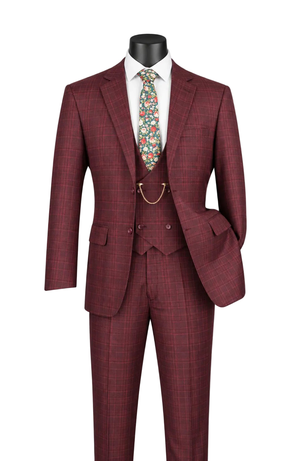 Renaissance Collection - Regular Fit Glen Plaid 3 Piece Suit Burgundy