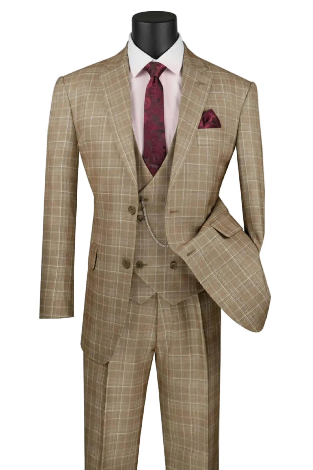 Renaissance Collection - Regular Fit Glen Plaid 3 Piece Suit Camel