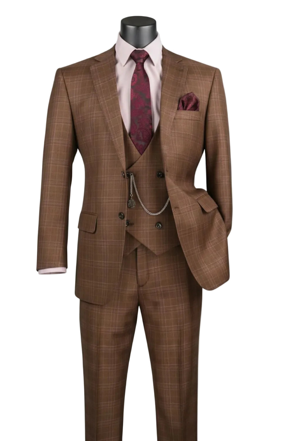 Renaissance Collection - Regular Fit Glen Plaid 3 Piece Suit Chestnut
