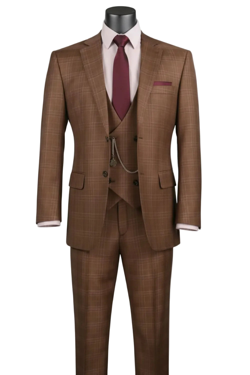 Renaissance Collection - Regular Fit Glen Plaid 3 Piece Suit Chestnut