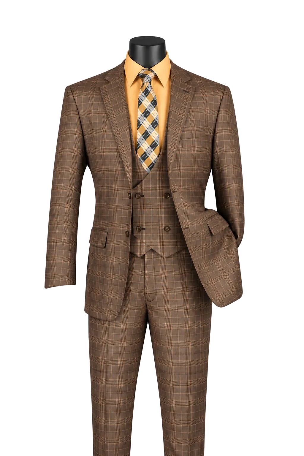 Renaissance Collection - Regular Fit Glen Plaid 3 Piece Suit Chestnut