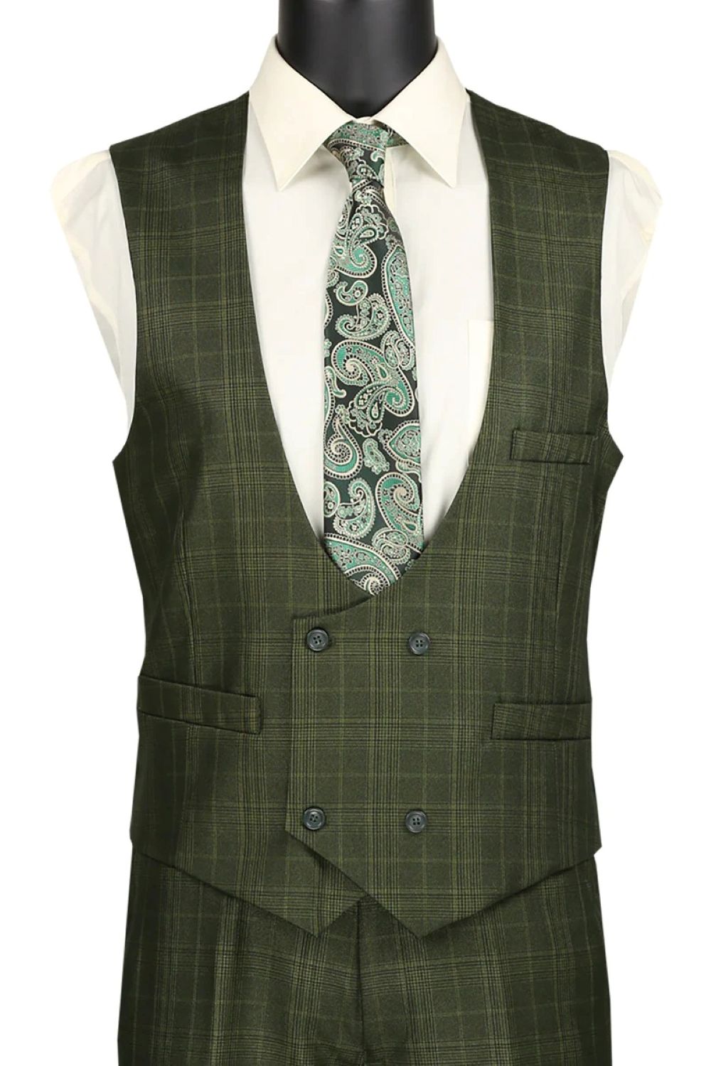 Renaissance Collection - Regular Fit Glen Plaid 3 Piece Suit Olive