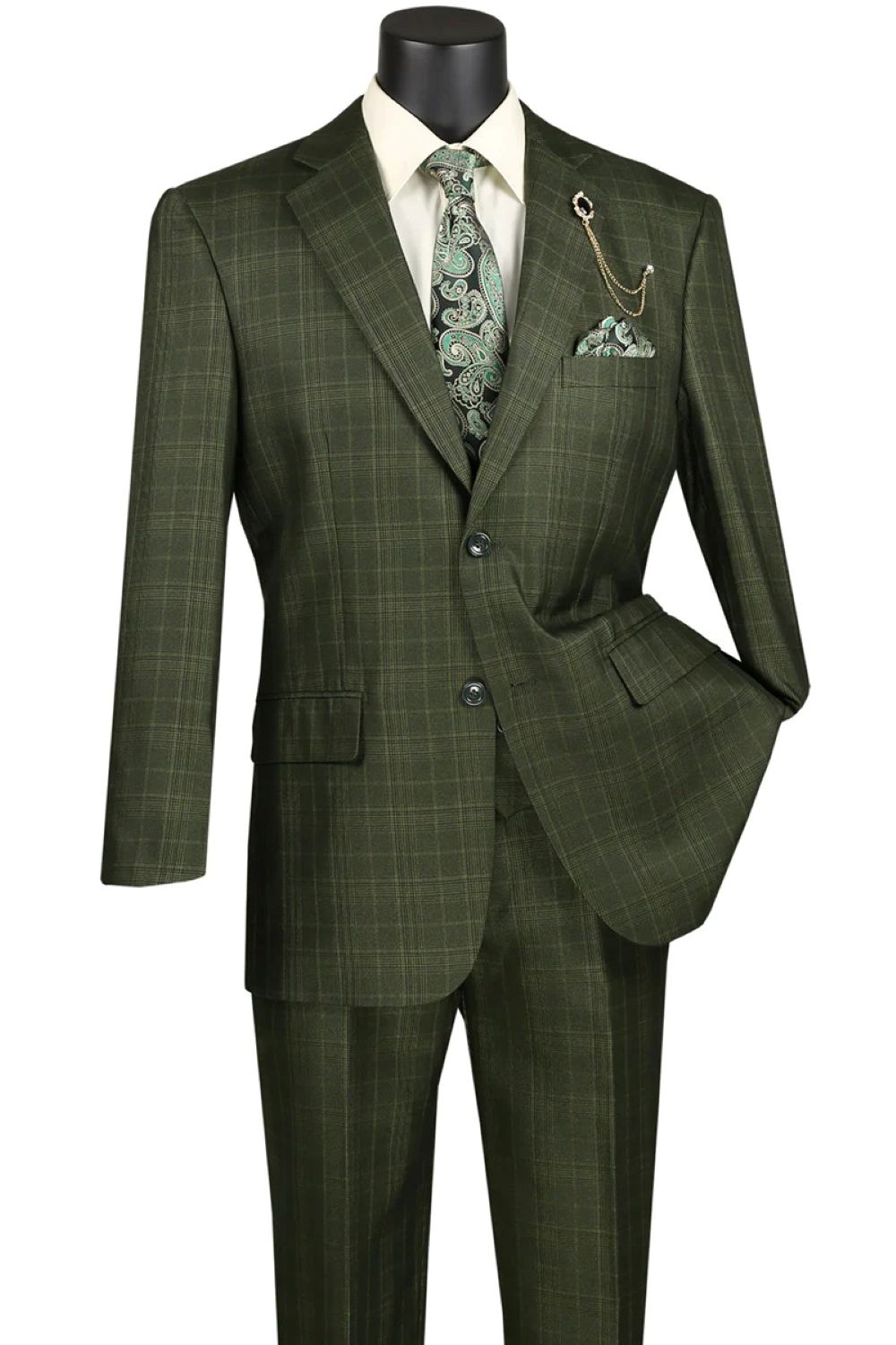 Renaissance Collection - Regular Fit Glen Plaid 3 Piece Suit Olive