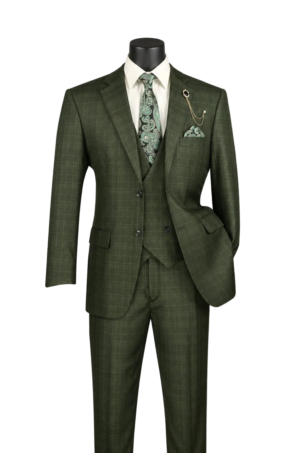 Renaissance Collection - Regular Fit Glen Plaid 3 Piece Suit Olive