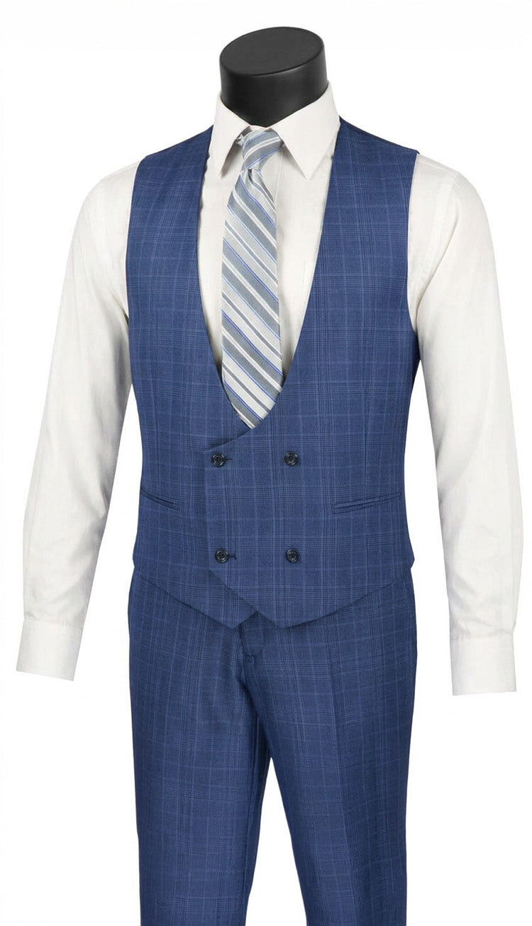 Blue checkered suit vest on a mannequin with a white shirt and striped tie.