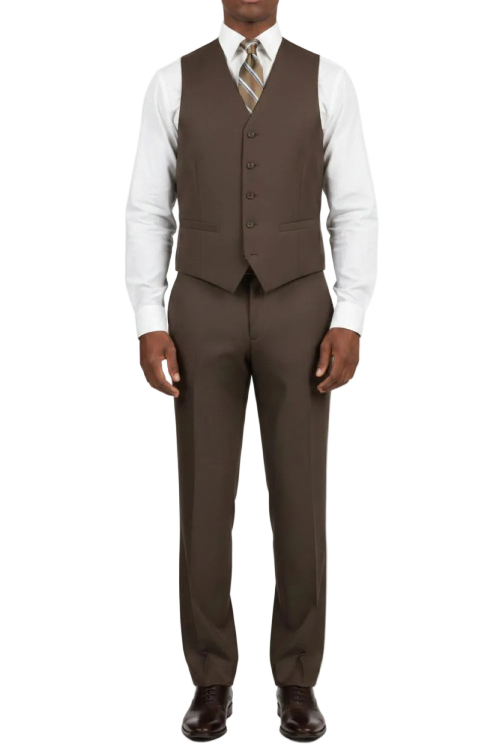 Man wearing a brown suit vest and pants on a white background
