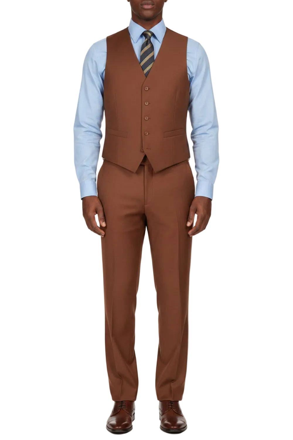 Man wearing a brown suit vest and pants with a light blue shirt on a white background