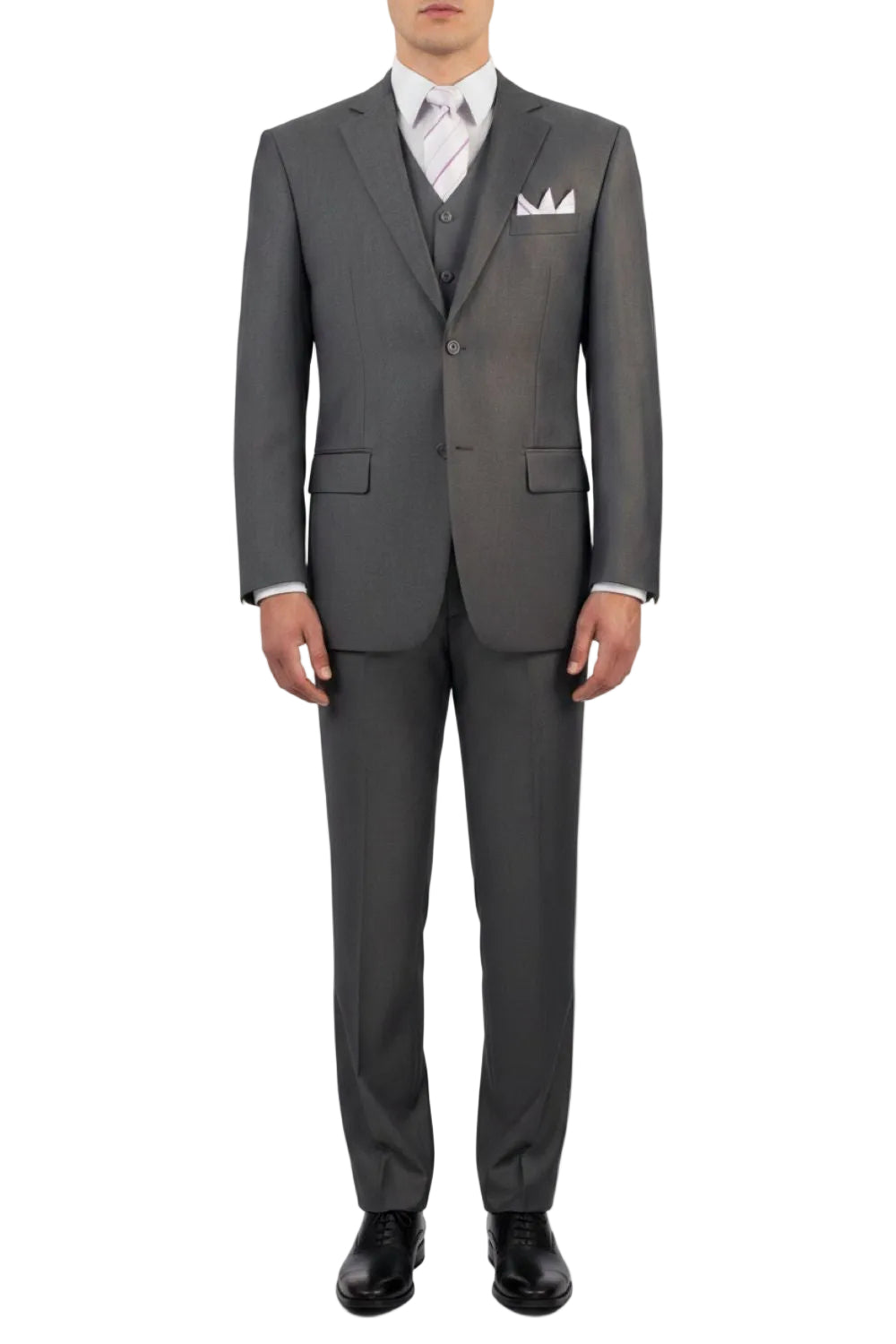 Heather gray suit with a white shirt and black shoes on a white background