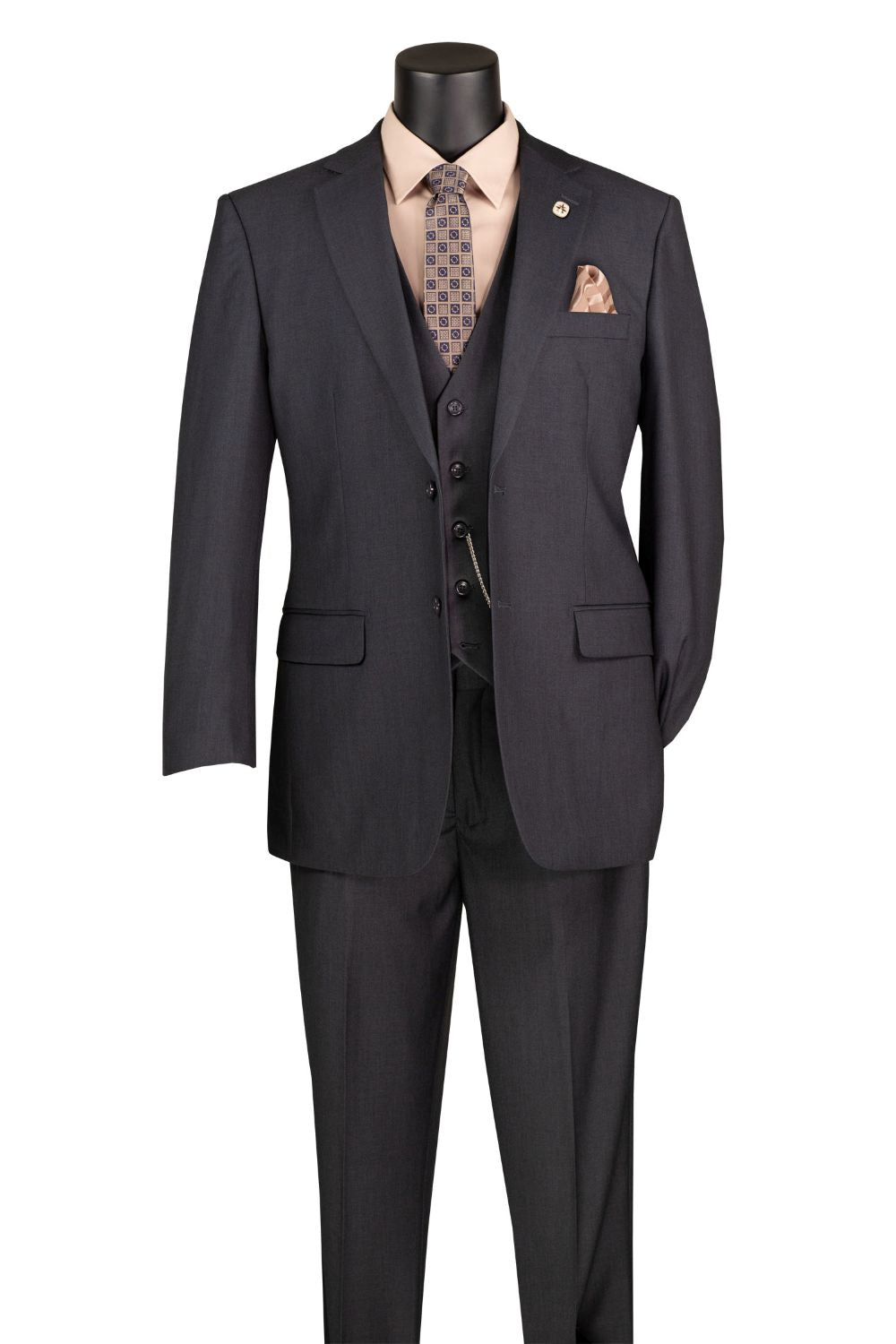 Heather Gray suit with tie and pocket square on a mannequin against a white background