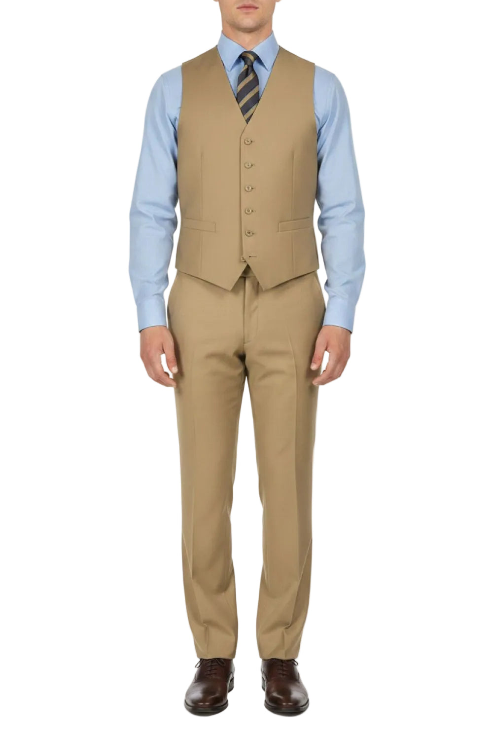 Man wearing a beige suit with a light blue shirt and striped tie on a white background