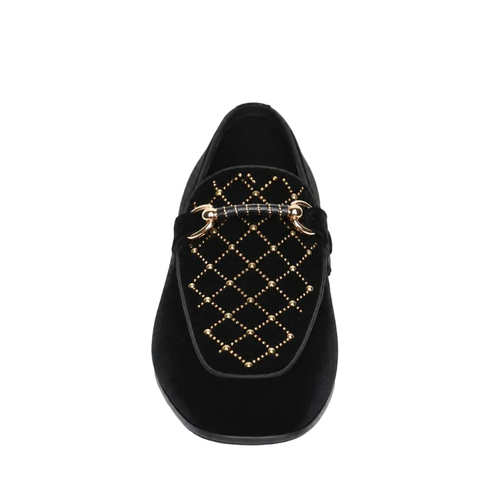 A single black suede loafer with a gold-tone diamond stud pattern and a matching gold horsebit detail across the vamp, shown from a top-down view on a white background.