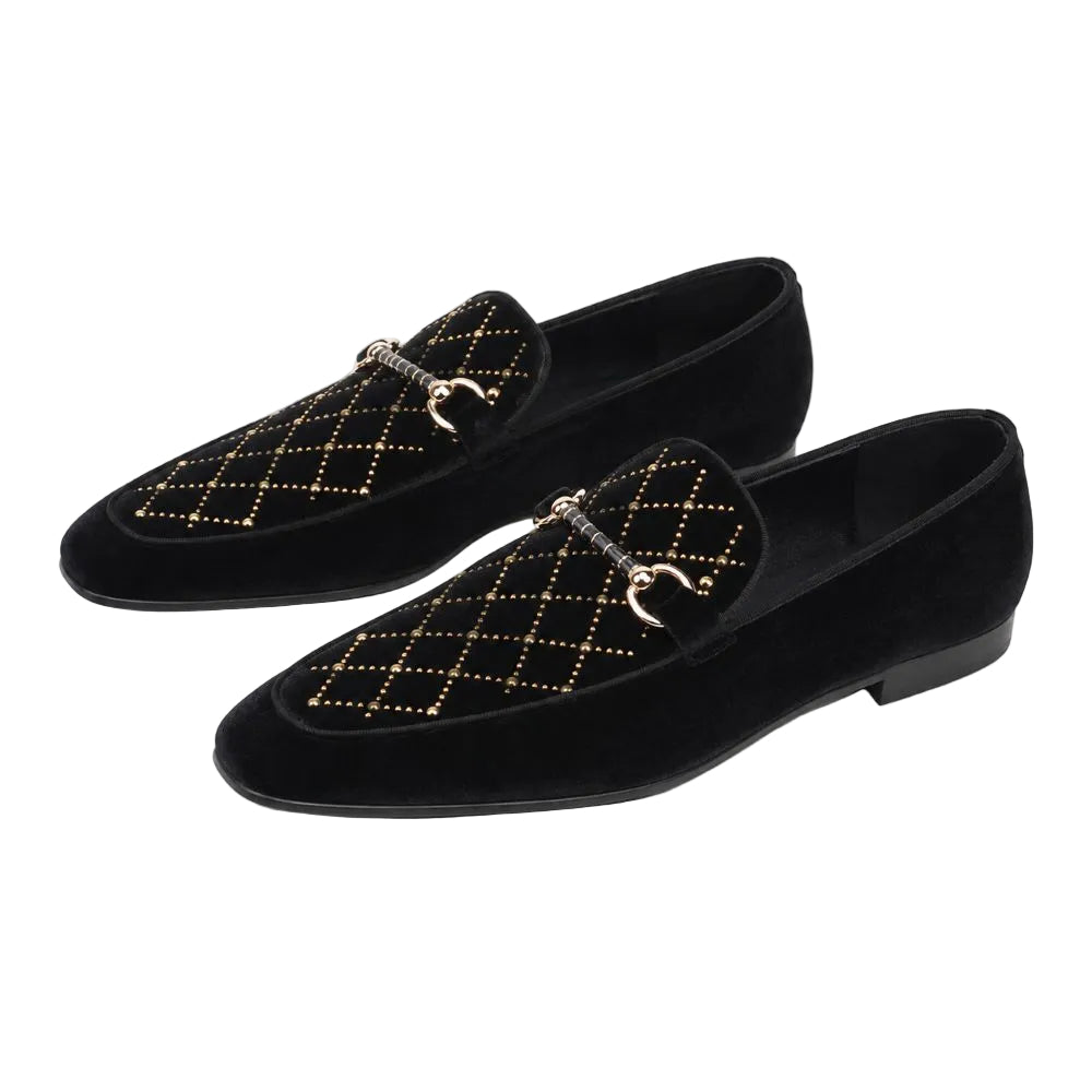 A pair of dark brown suede loafers with a quilted diamond pattern and gold-tone horsebit hardware on the vamp, displayed against a clean white background.