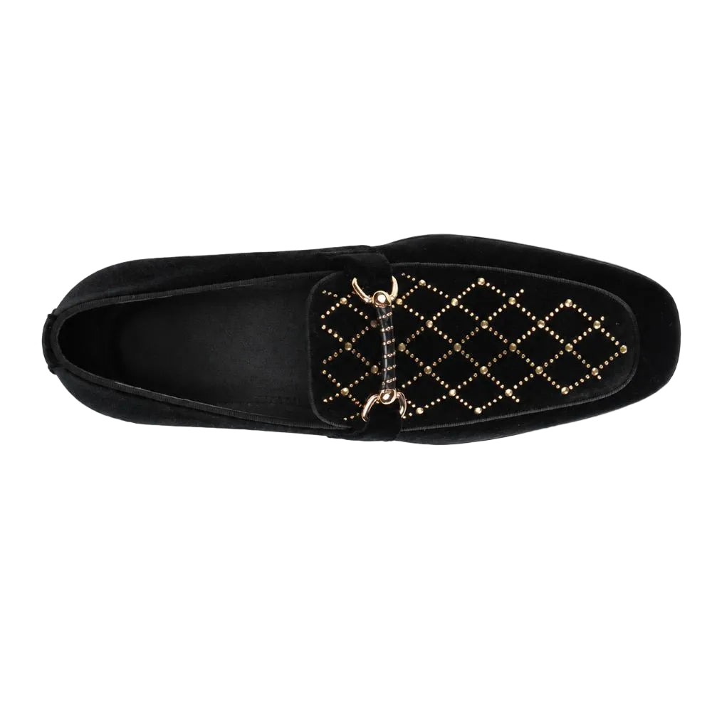 A black velvet loafer featuring a decorative gold studded diamond pattern and a gold horsebit detail on the vamp, shown from a top-down view against a white background.