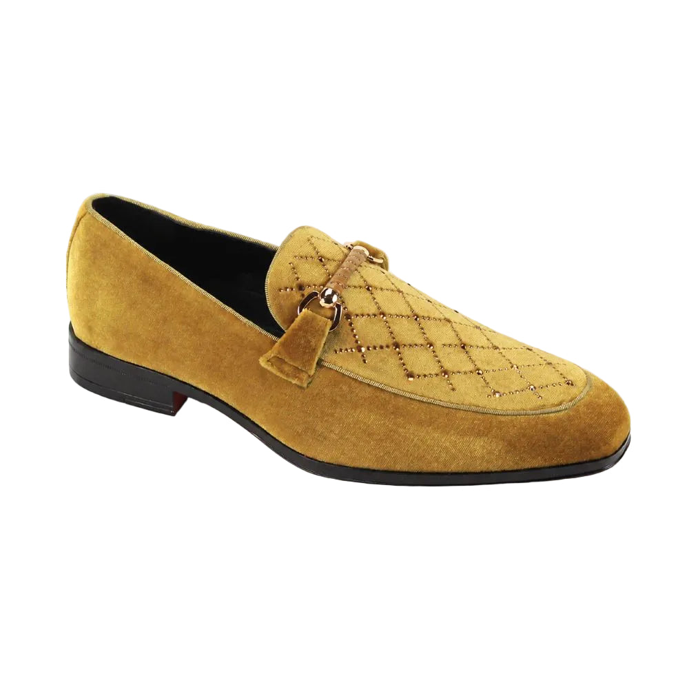 After Midnight Collection - Gold Velvet Crystal Studded Design Slip-On Loafer