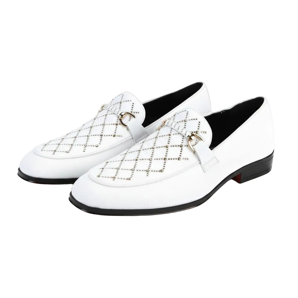 White loafers with black soles on a white background