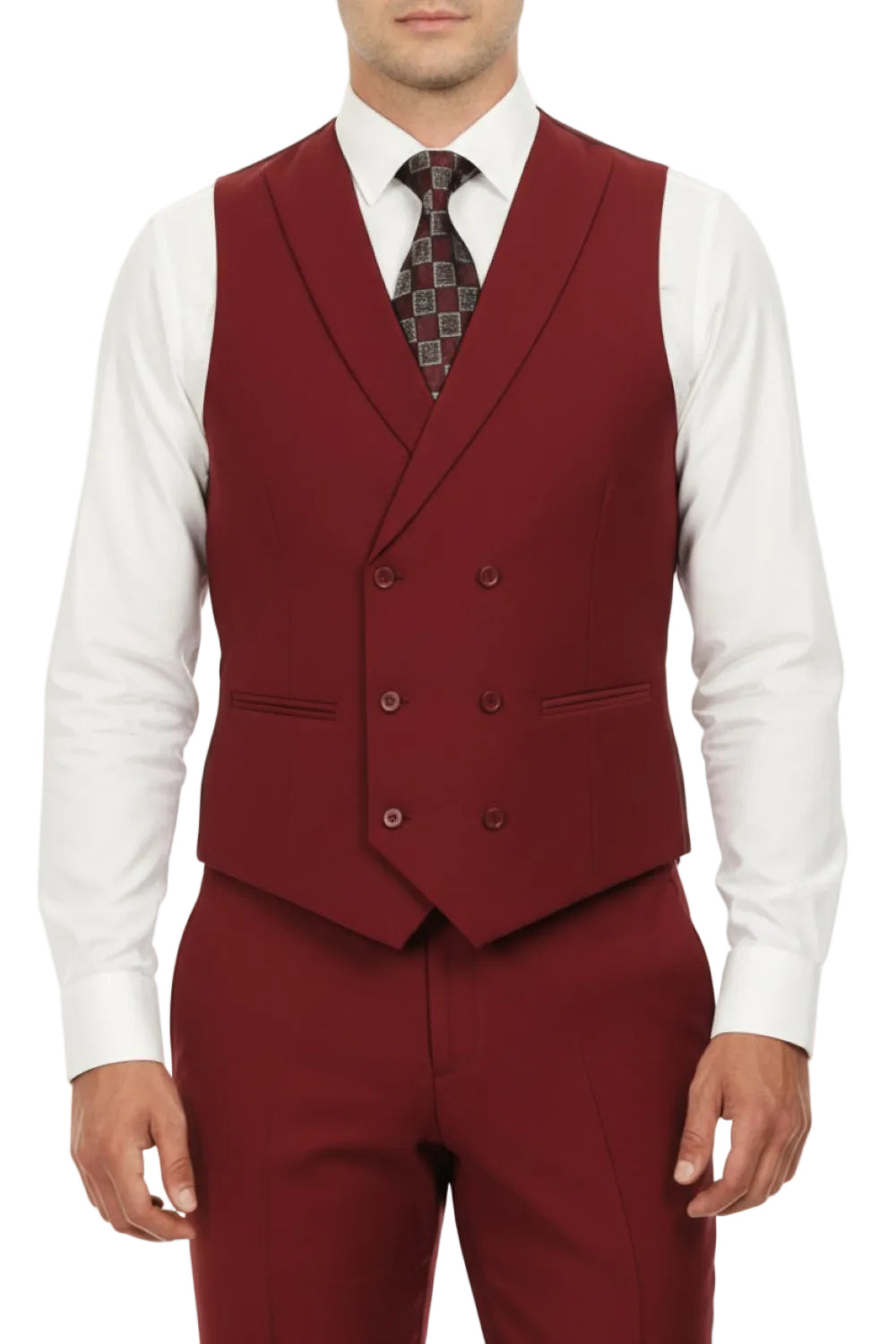 Burgundy vest with matching pants worn by a person on a white background