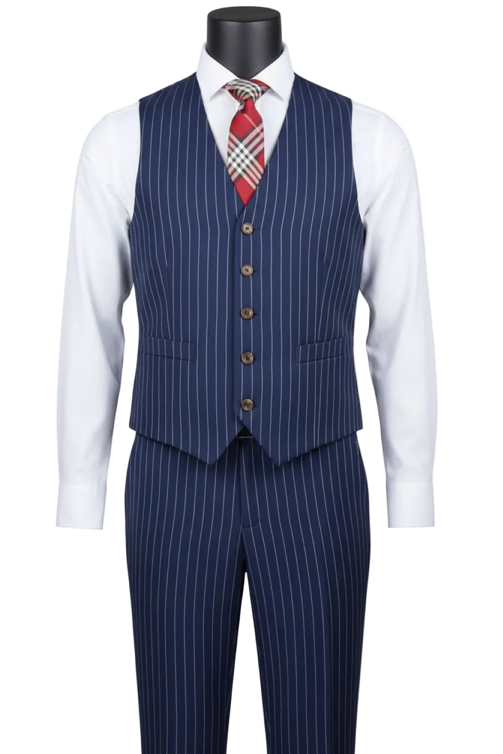 Mannequin wearing a blue pinstripe suit with a white shirt and red plaid tie on a white background