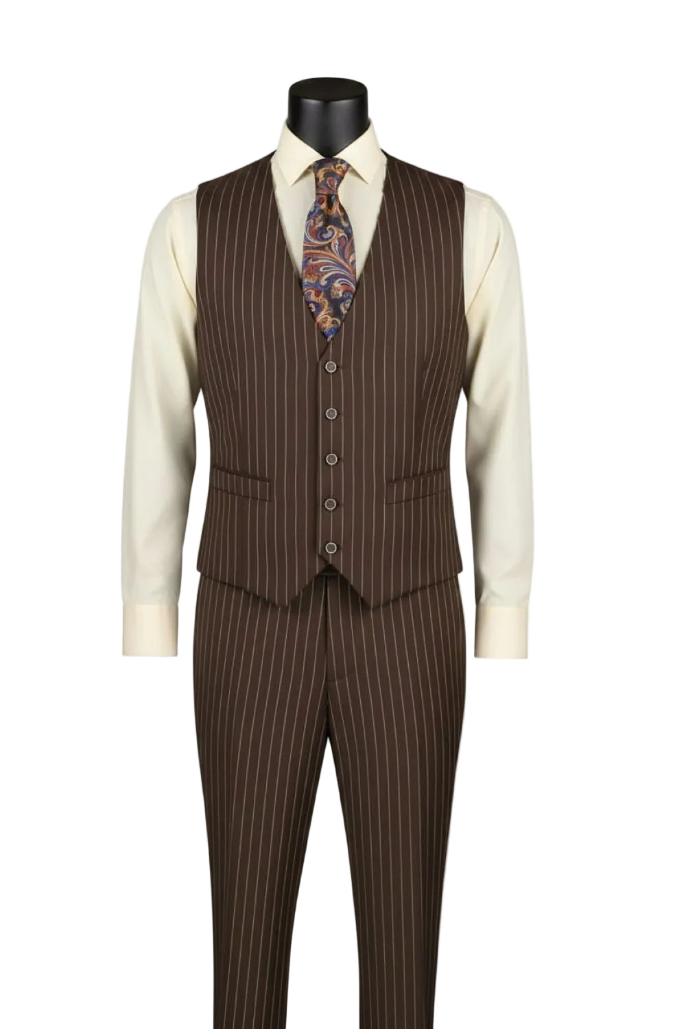 Brown pinstripe suit with a white shirt and patterned tie on a mannequin against a white background