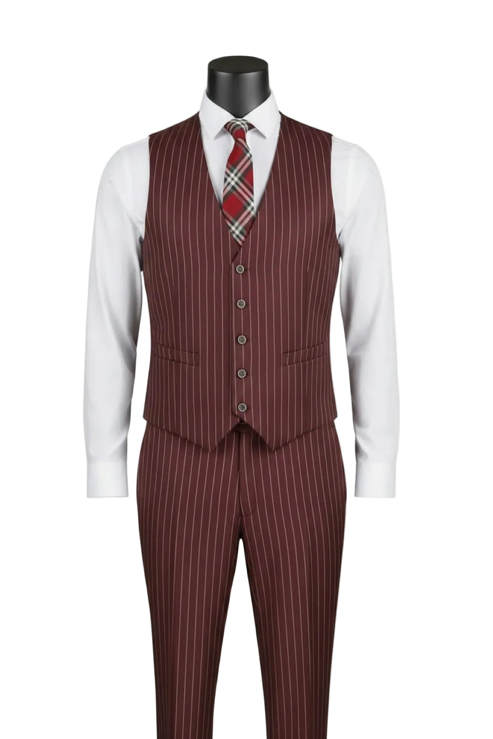 Burgundy pinstripe suit with vest and tie on a mannequin against a white background