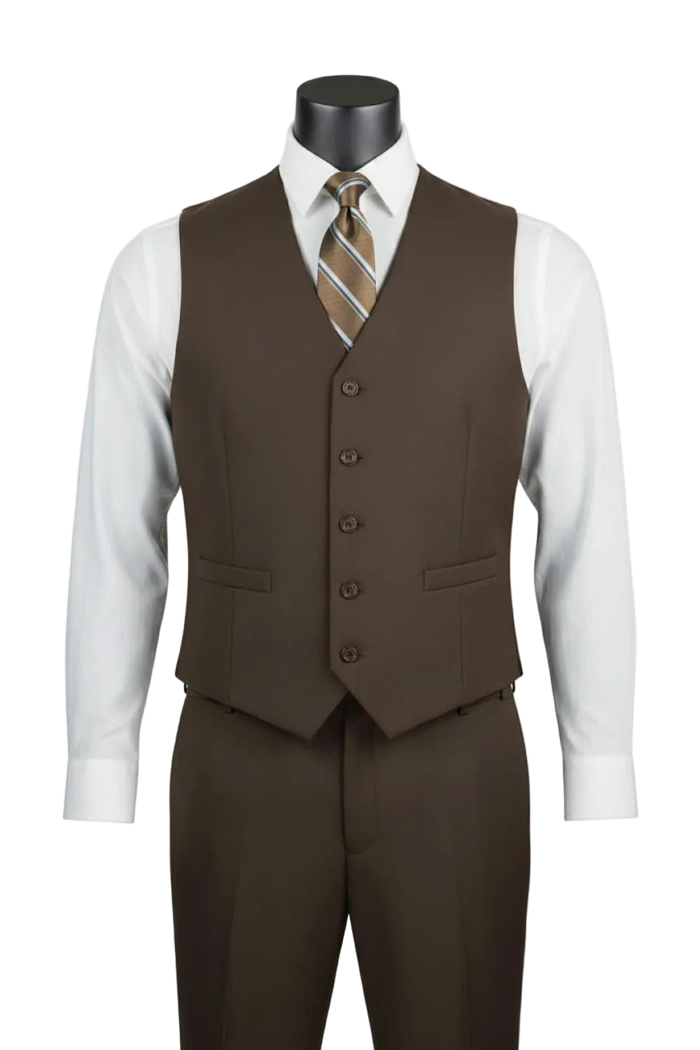 Brown vest and pants set on a mannequin with a white shirt and tie.