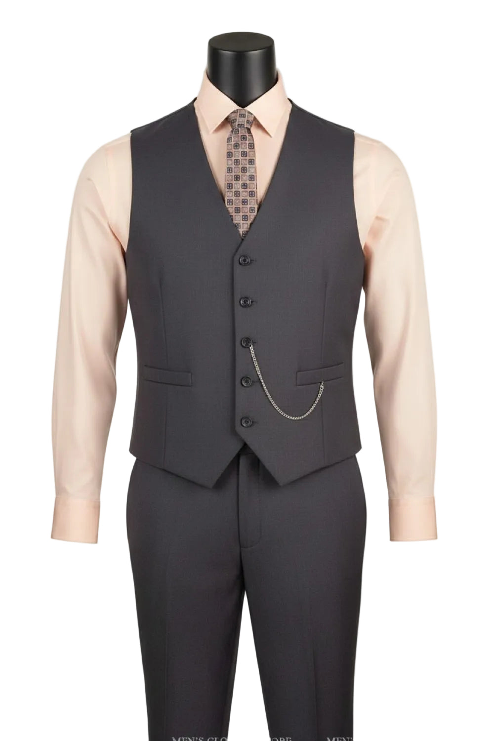 Gray vest and pants set on a mannequin with a white background