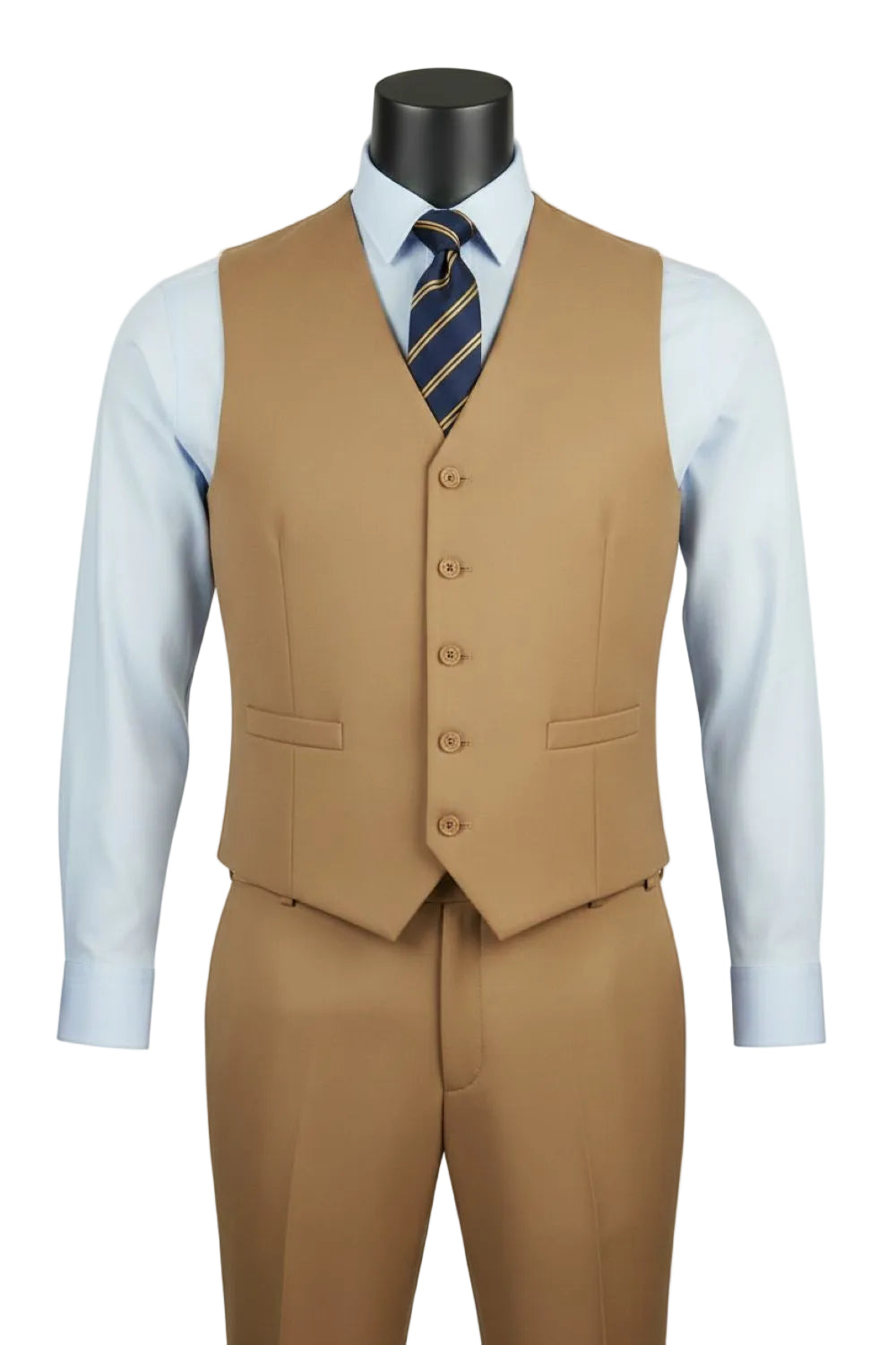 Tan suit vest with matching pants on a mannequin against a white background