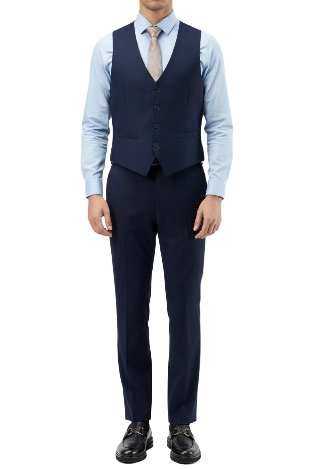 Navy suit with light blue shirt and tie on a white background