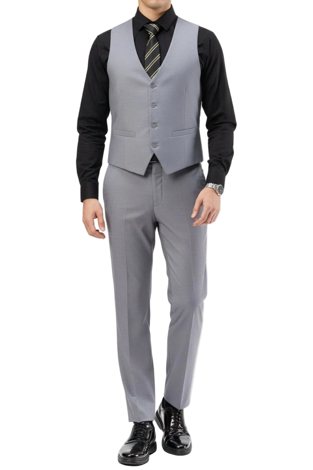 Gray suit with black vest and tie on a white background