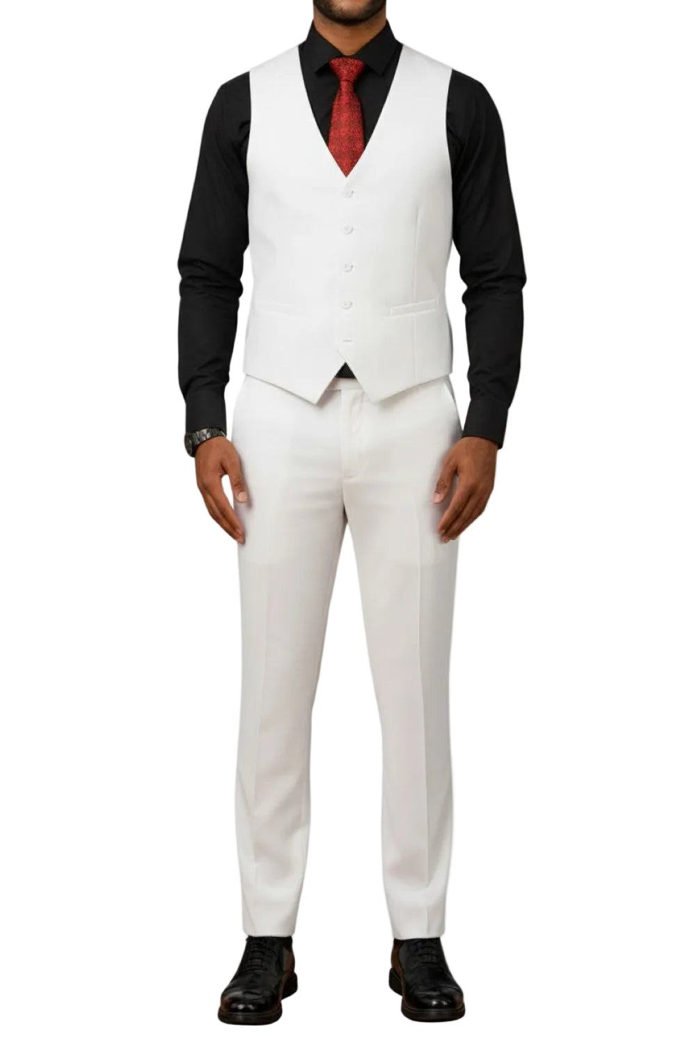 Man wearing a white vest over a black shirt with a red tie, on a white background