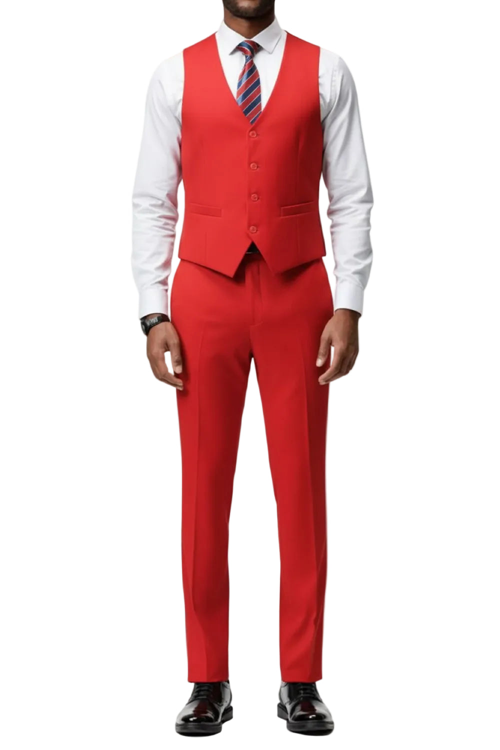 Red suit vest and pants with a white shirt and striped tie on a white background