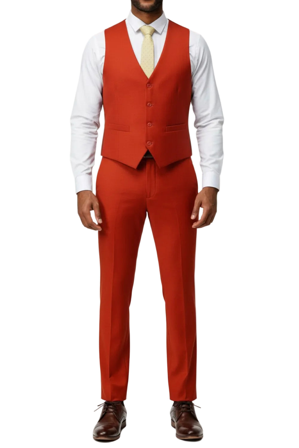 Man wearing a red suit vest and pants with a white shirt on a white background