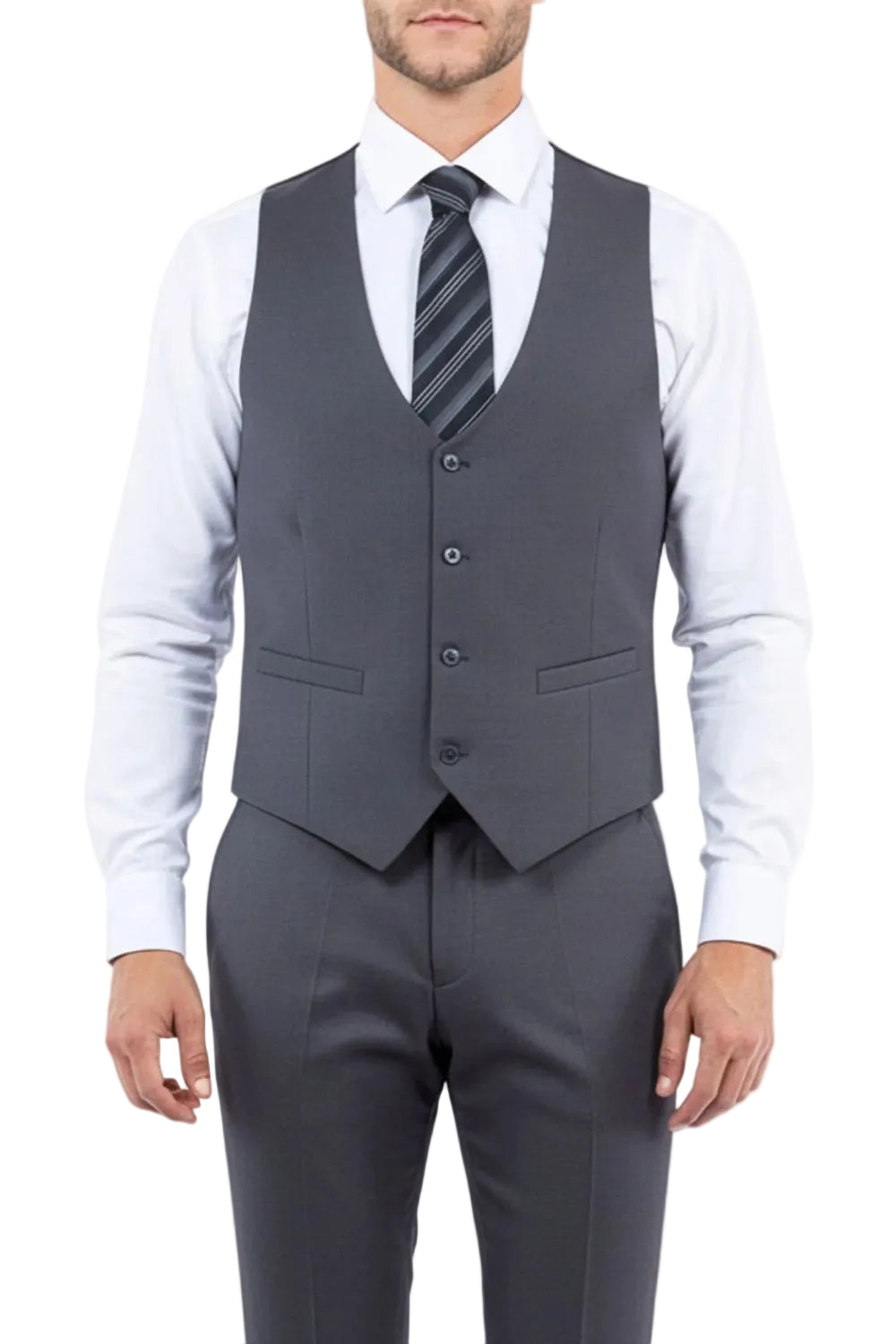 Man wearing a gray suit vest, white shirt, and striped tie on a white background