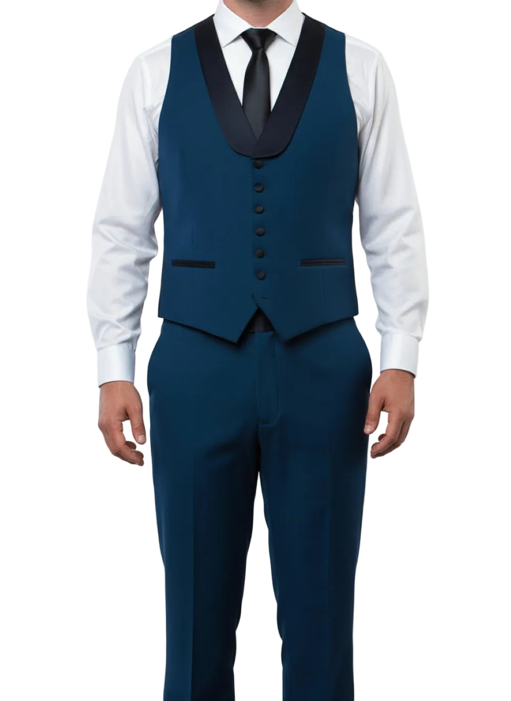 Blue men's slim fit three piece shawl lapel tuxedo with vest and tie