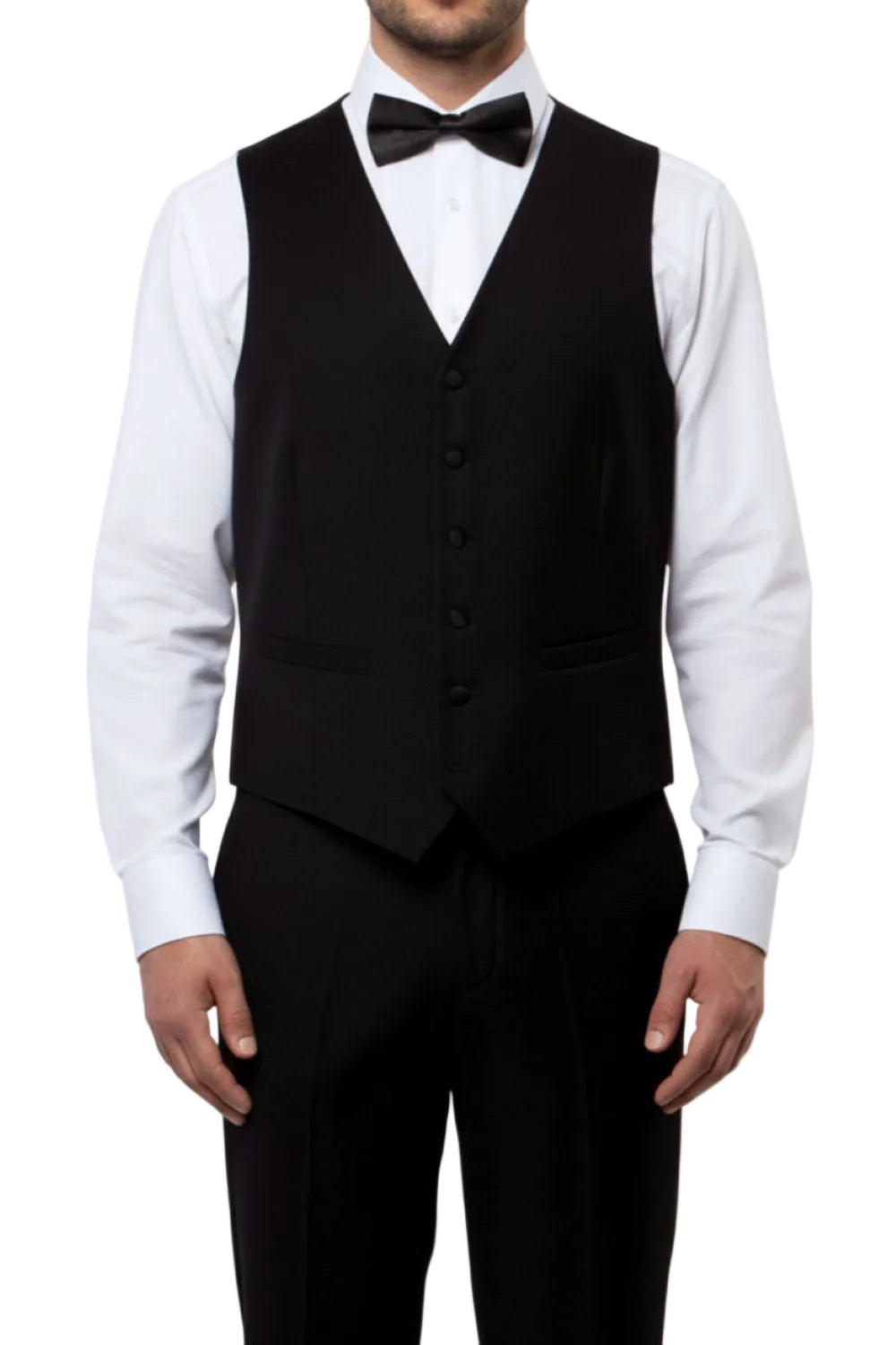Man wearing a black vest, white shirt, and black bow tie on a white background