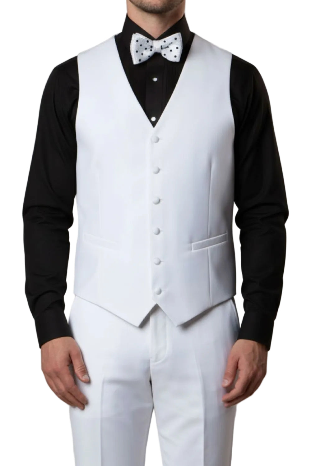 White vest with black shirt and white pants on a neutral background