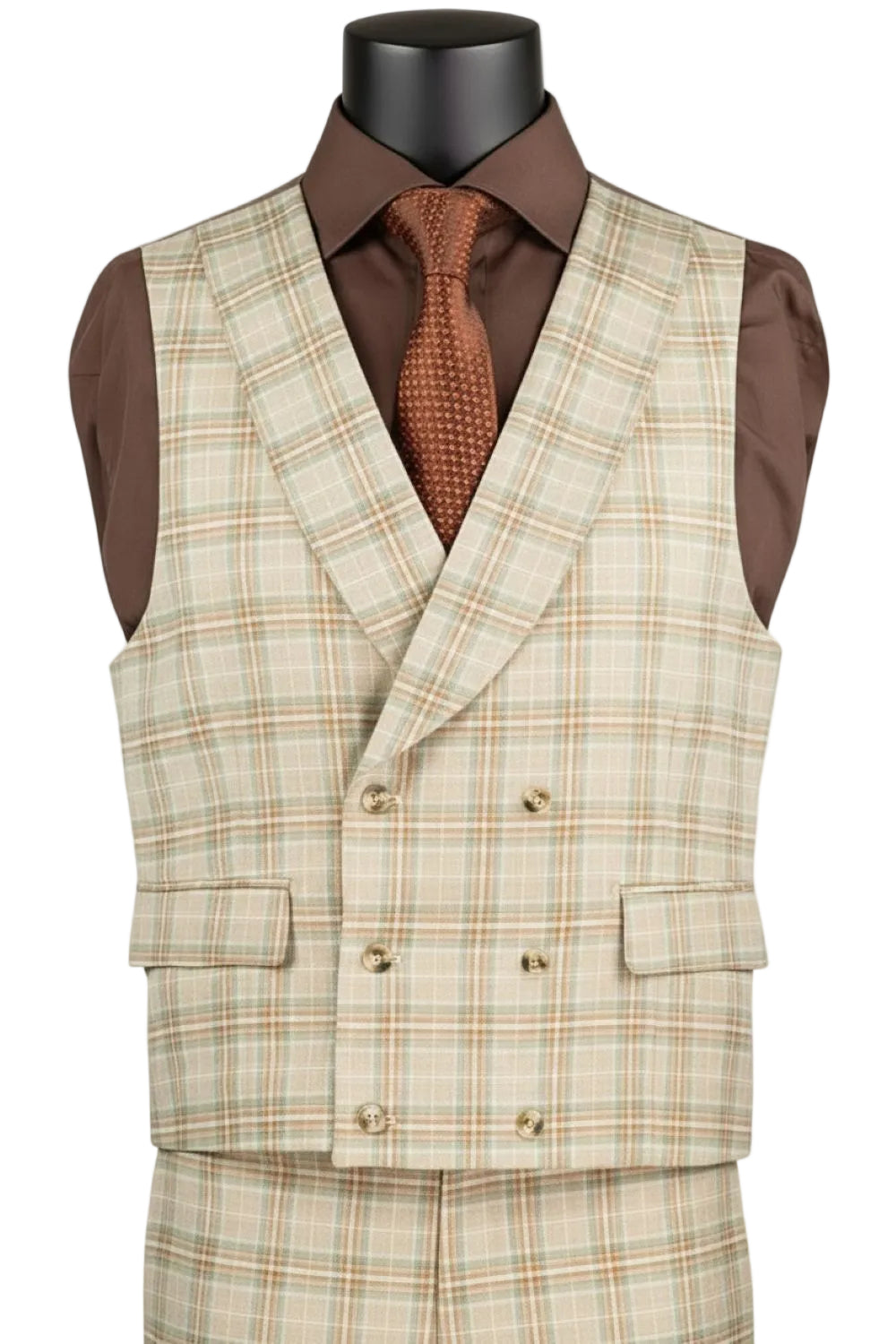 Plaid vest with brown shirt and tie on a mannequin against a white background