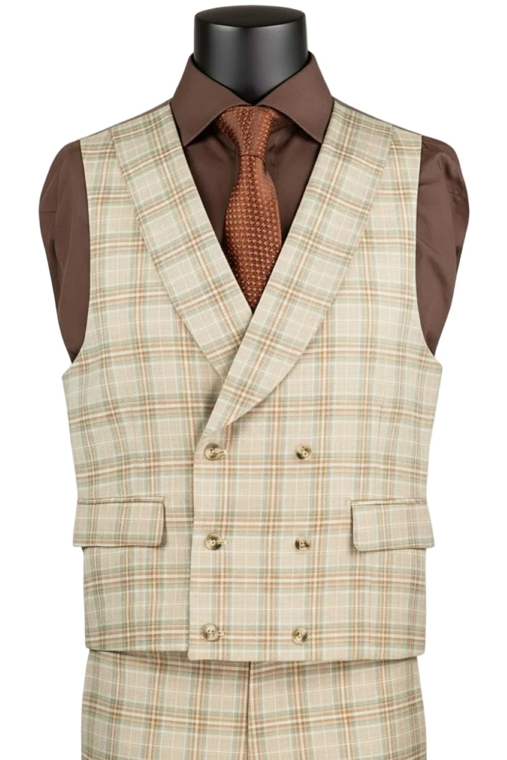 Plaid vest over a brown shirt with a tie on a mannequin against a white background